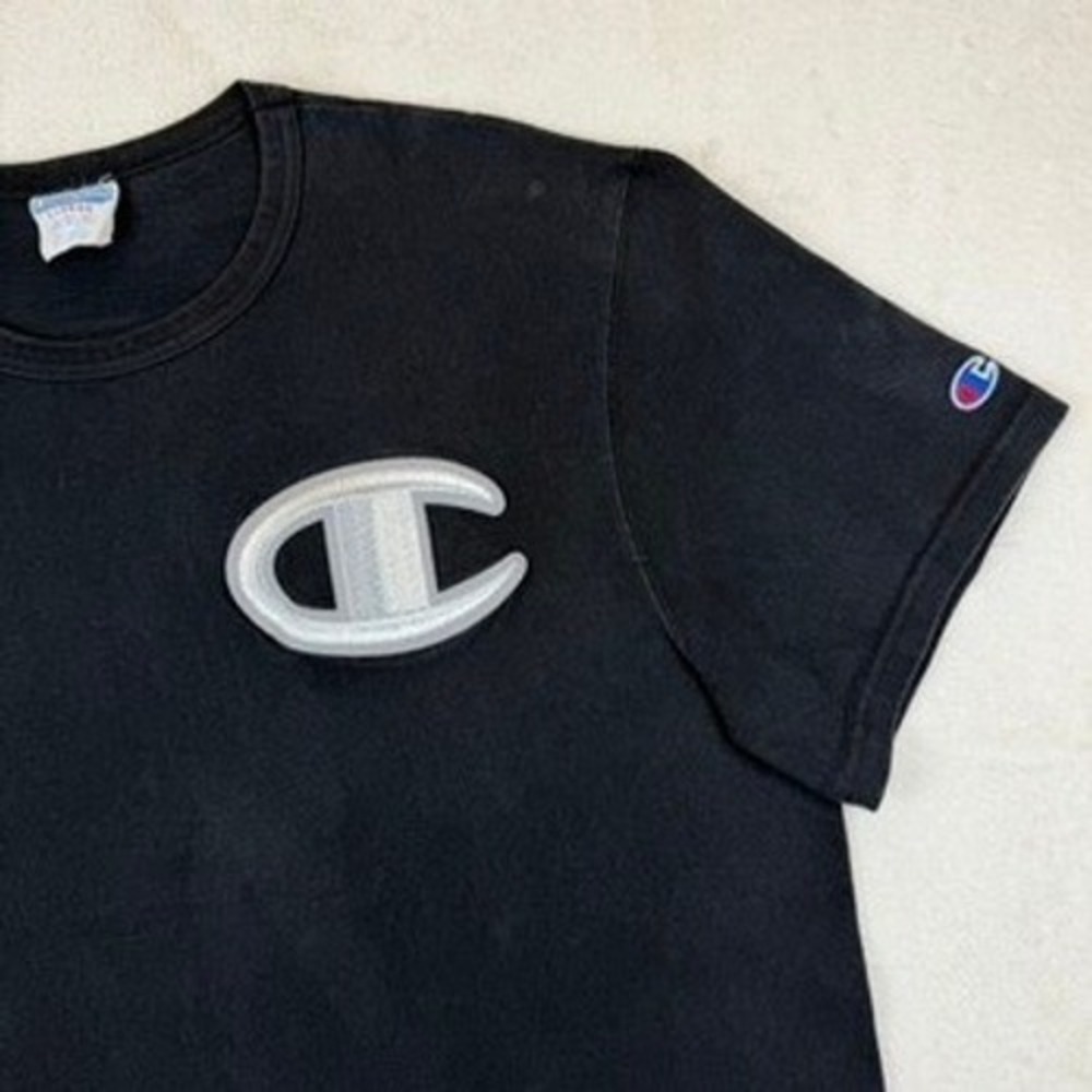 VINTAGE Champion Mens XL Big Logo‎ Embroidered T-Shirt Faded Black Short Sleeve - Picture 4 of 12